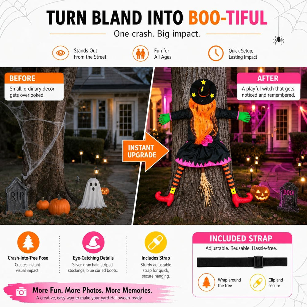 Halloween Decoration Outdoor, Tree Hugging Witch with Orange Hair