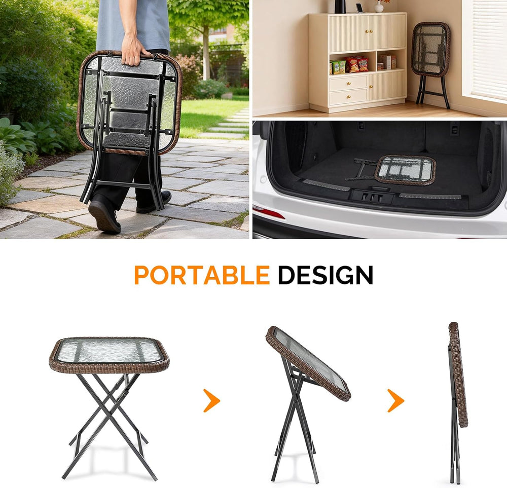 VINGLI 18in Modern Brown Rattan Folding Glass Outdoor Side Table, Small Patio...