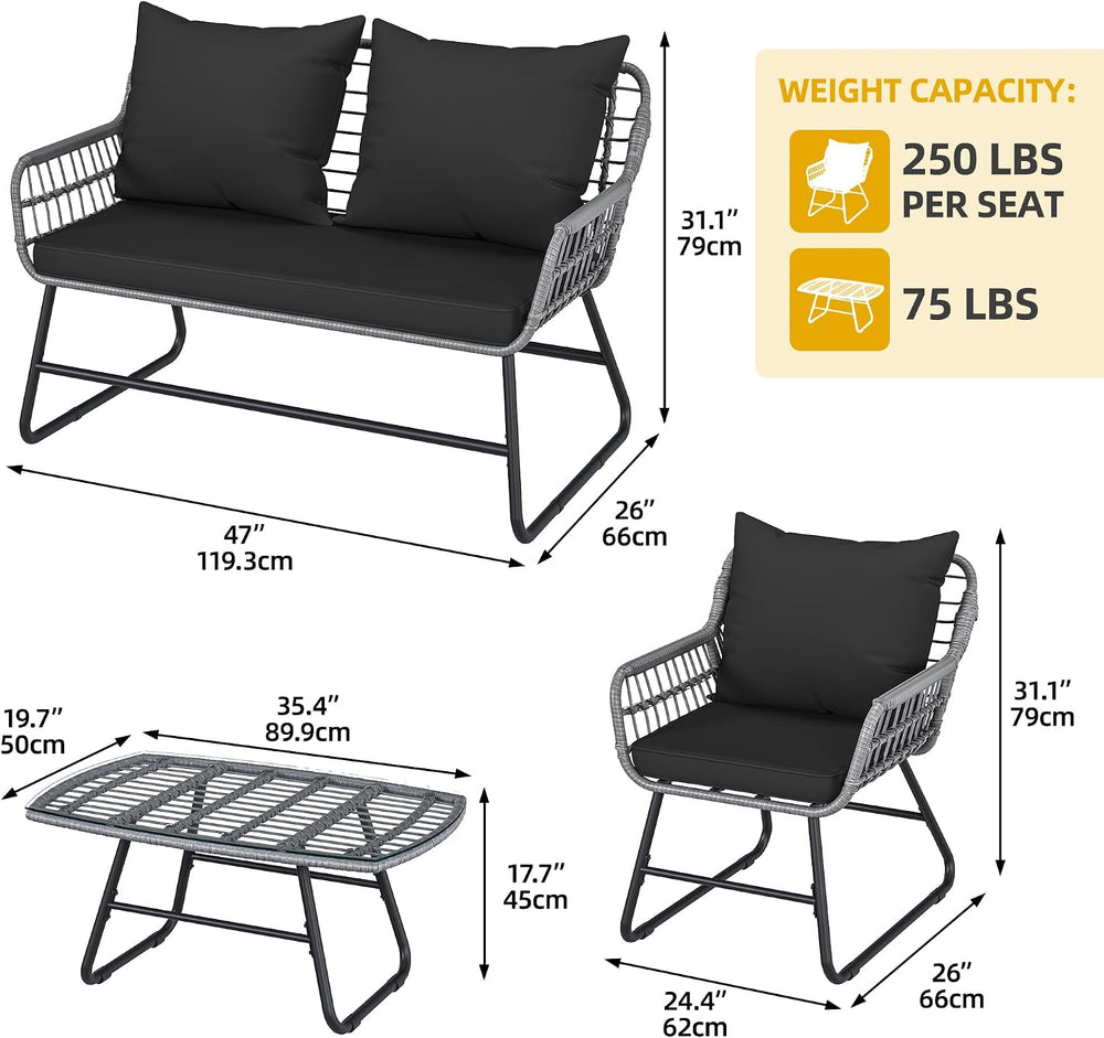 DWVO 4-Piece Outdoor Patio Furniture Set, All-Weather PE Wicker Rattan Conver...