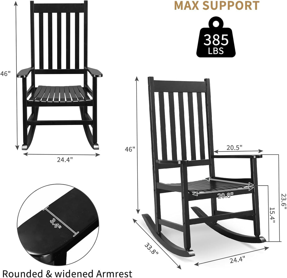 Outvita Outdoor Rocking Chair, Solid Wood High Back Porch Rocker, Black