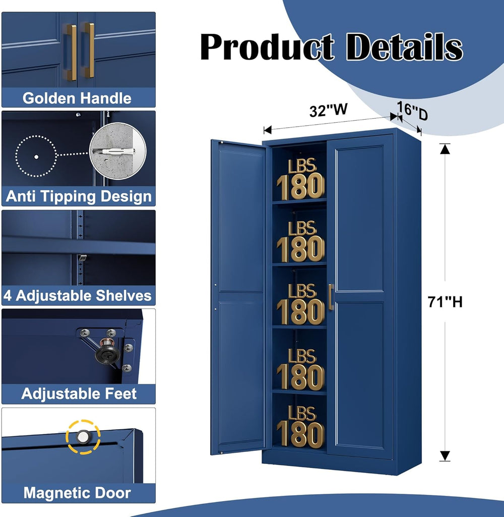 71"Metal Pantry Storage Cabinet with Doors & 4 Adjustable Shelves