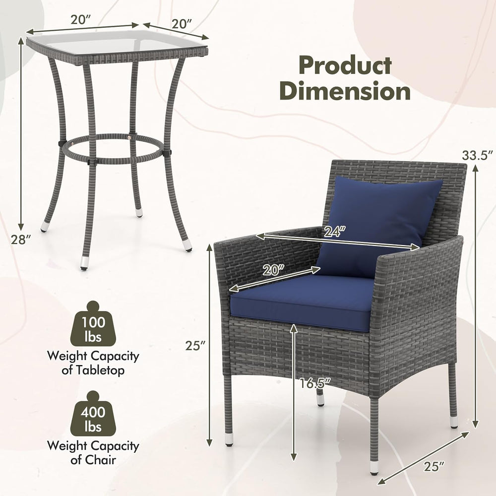 Tangkula 3-Piece Patio Furniture Set, PE Wicker Conversation Bistro Set w/A T...