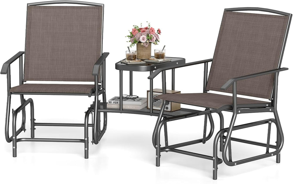 Tangkula 2-Seater Outdoor Glider Bench with 2-Tier Center Table (Brown)