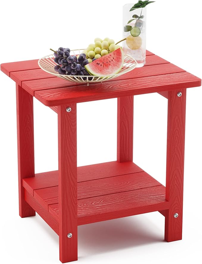 LUE BONA Adirondack Outdoor Side Table, 2-Tier Bright Red HDPS Patio End Tabl...