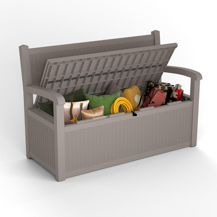 EasyUp 80 Gallon Outdoor Storage Bench Lockable Deck Box Outdoor Storage Box Waterproof for Patio,Garden,and Porch – Perfect for Storing Garden Tools and Cushions(Grey Pattern)