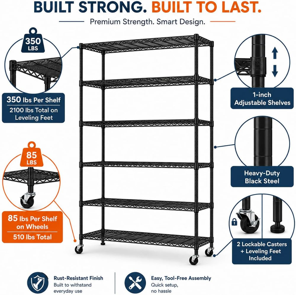 6-Tier Wire Shelving Unit with Wheels, 45 x 18 x 82 in, Black