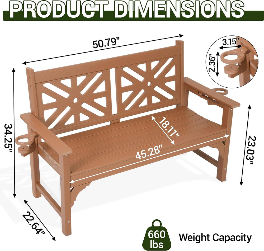 Outdoor Bench with Cup Holders, HDPE All Weather Waterproof 2-Person Garden B...