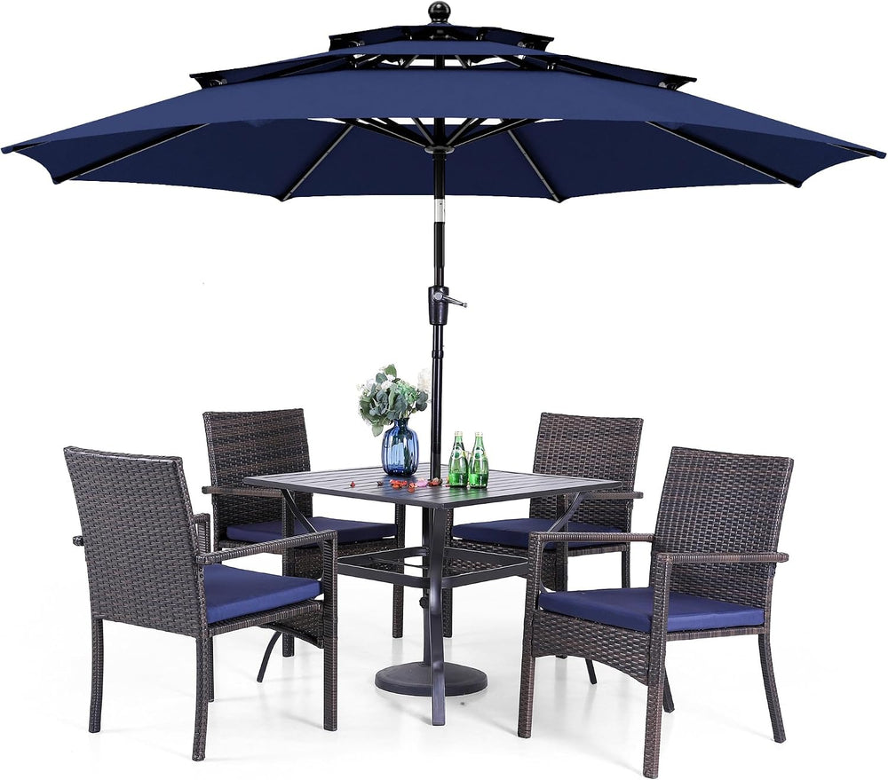 PHI VILLA 5pc Patio Dining Set with 10ft Blue Umbrella, 4 Rattan Chairs
