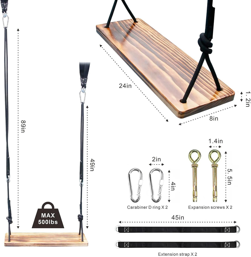 Carbonized Wooden Tree Swing with Adjustable Climbing Rope & Tree Straps