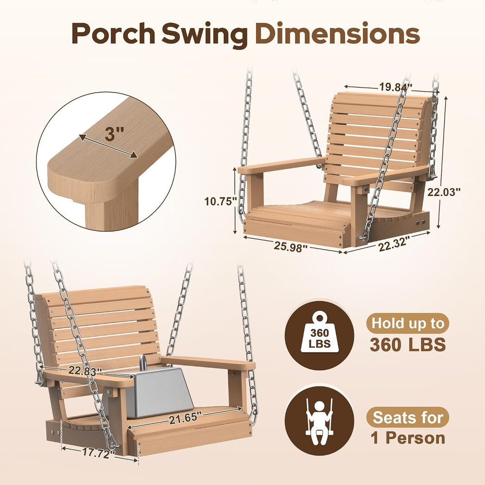 2.2FT HDPE Single Porch Swing, 360 LBS Porch Swing Chair, Teak