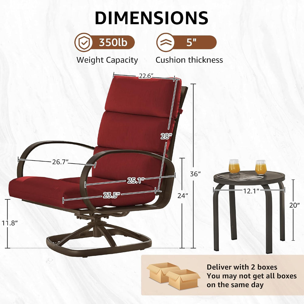 3 Piece High Back Patio Bistro Set, Outdoor Swivel Rocker Chair, Burgundy