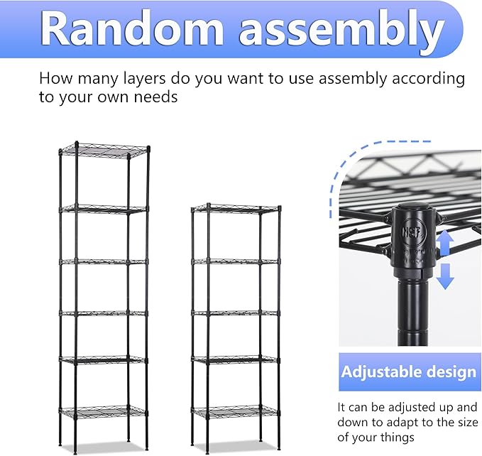 BestOffice | 6-Tier Wire Storage Shelves | 17x12x64 | Black | with Adjustable...