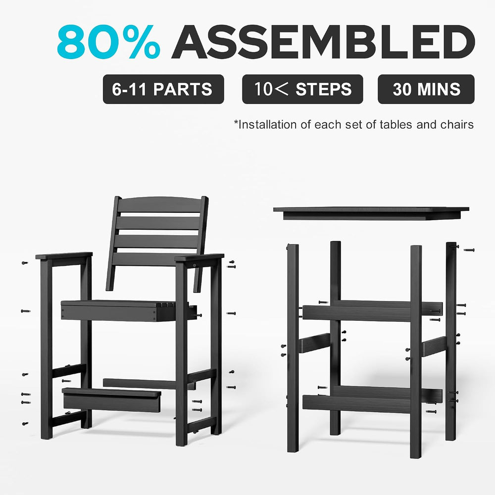 3-Piece Outdoor Bistro Bar Set, HDPE Bar Height Table & Chairs, Black