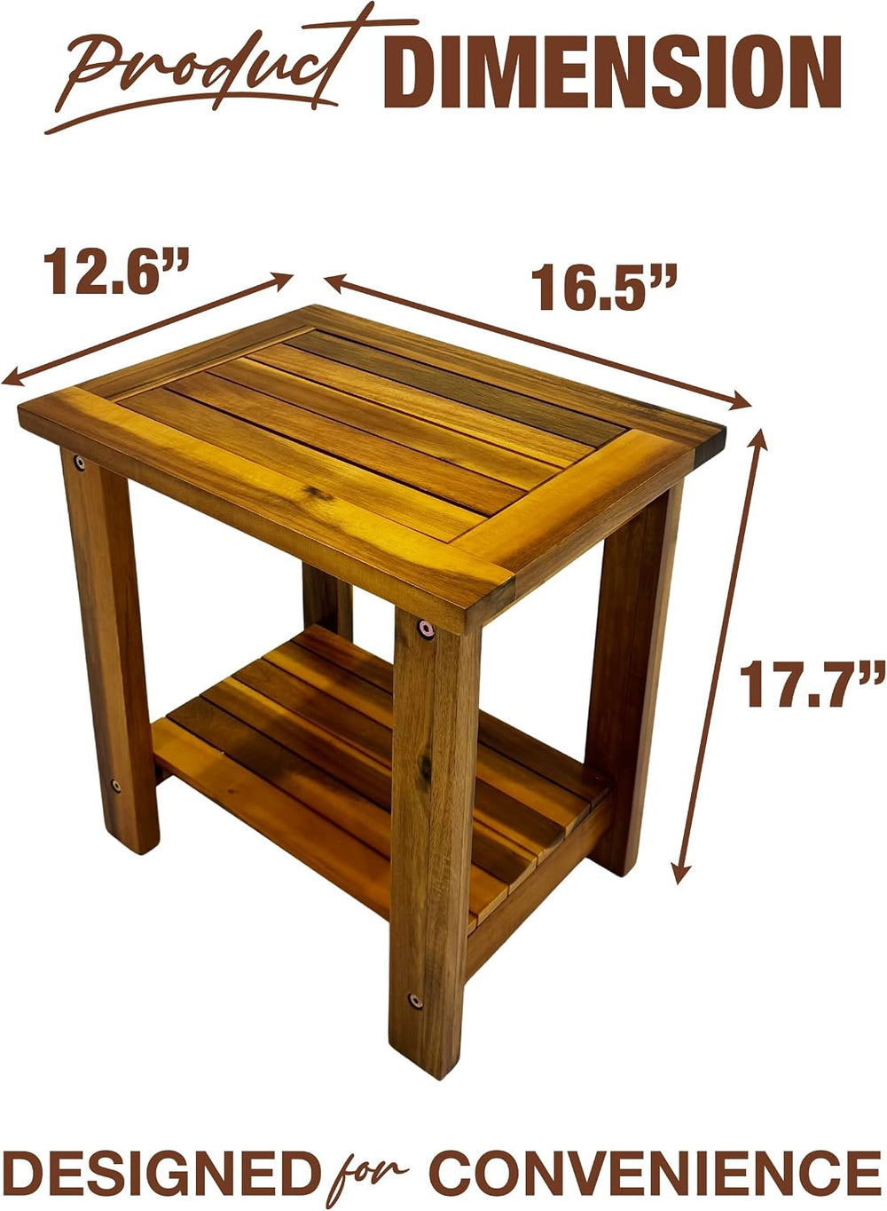 Outdoor Patio Side & End Table, Nightstand, Acacia Wood, 16.5 in, 2-Tier
