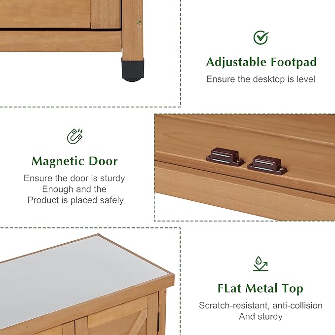 Outdoor Storage Cabinet & Potting Bench Table with Metal Top, Wooden Pati...