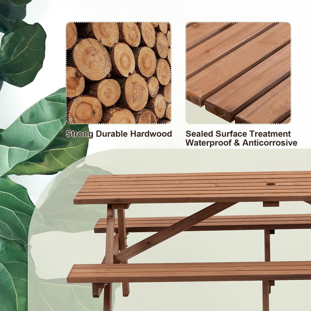 Outdoor Wooden Picnic Table with Benches and Umbrella Hole, Rustic Style Wood...