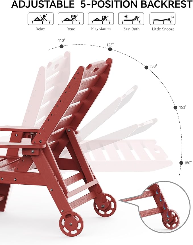 Carauci Lounge Chair Outdoor Set of 4, HDPE Chaise Lounge with Wheels, 5-Posi...