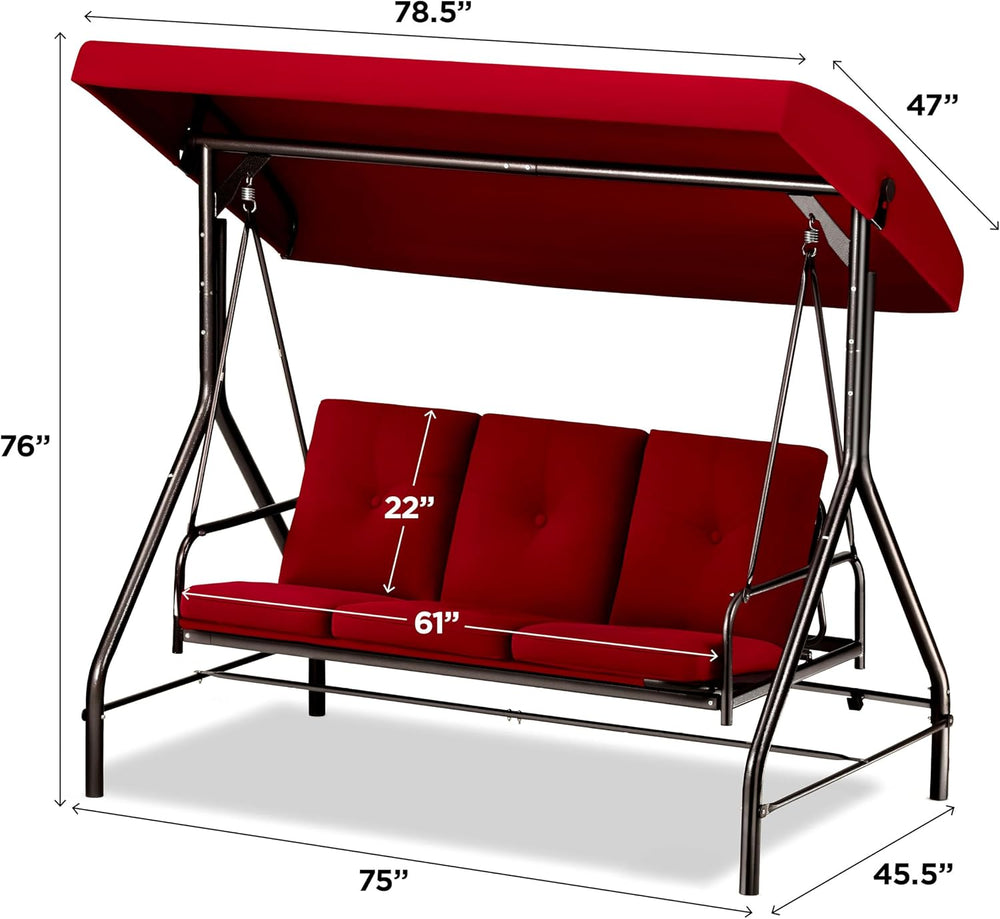 3 Seat Outdoor Patio Swing with Canopy, Convertible Glider Bed, Cushions