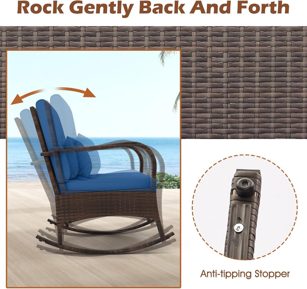 ORALNER 3 Pieces Outdoor Wicker Rocking Chair, Patio Furniture Set (Navy)