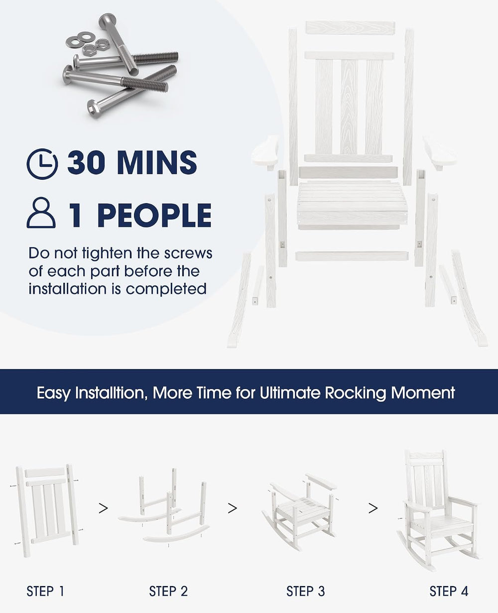 KINGYES Oversized Outdoor Rocking Chair Set of 2, HDPE Patio Rockers, White