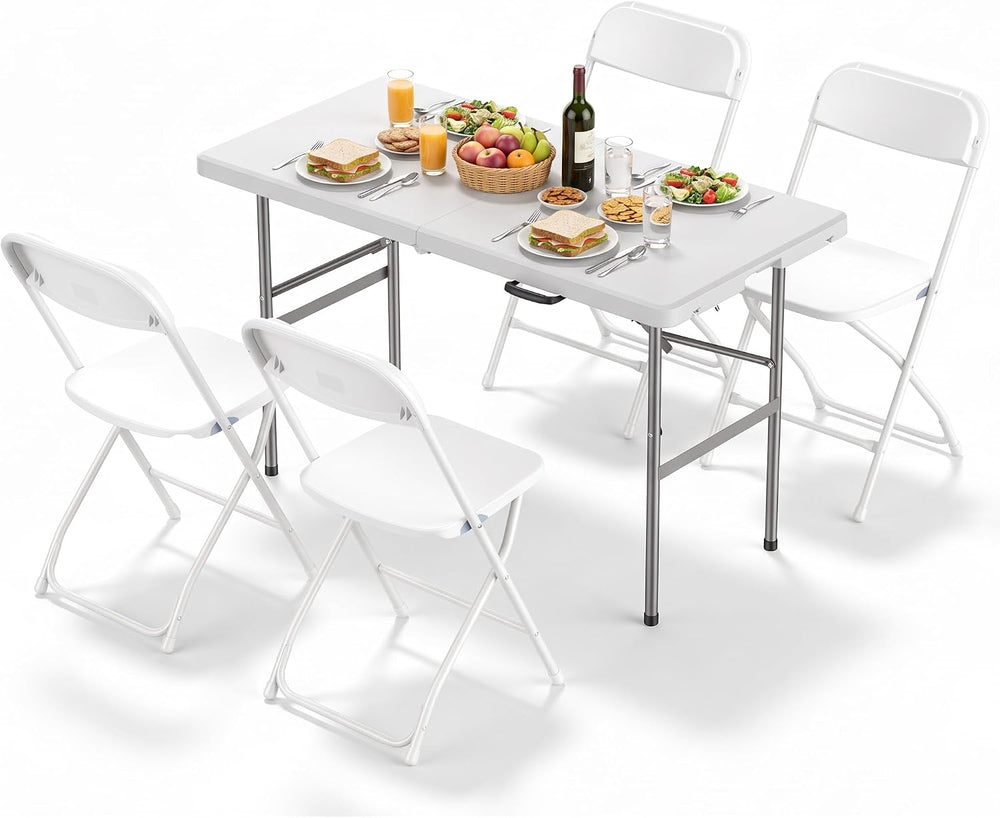 Sweetcrispy 4 FT Folding Picnic Table, with 4 White Folding Chairs
