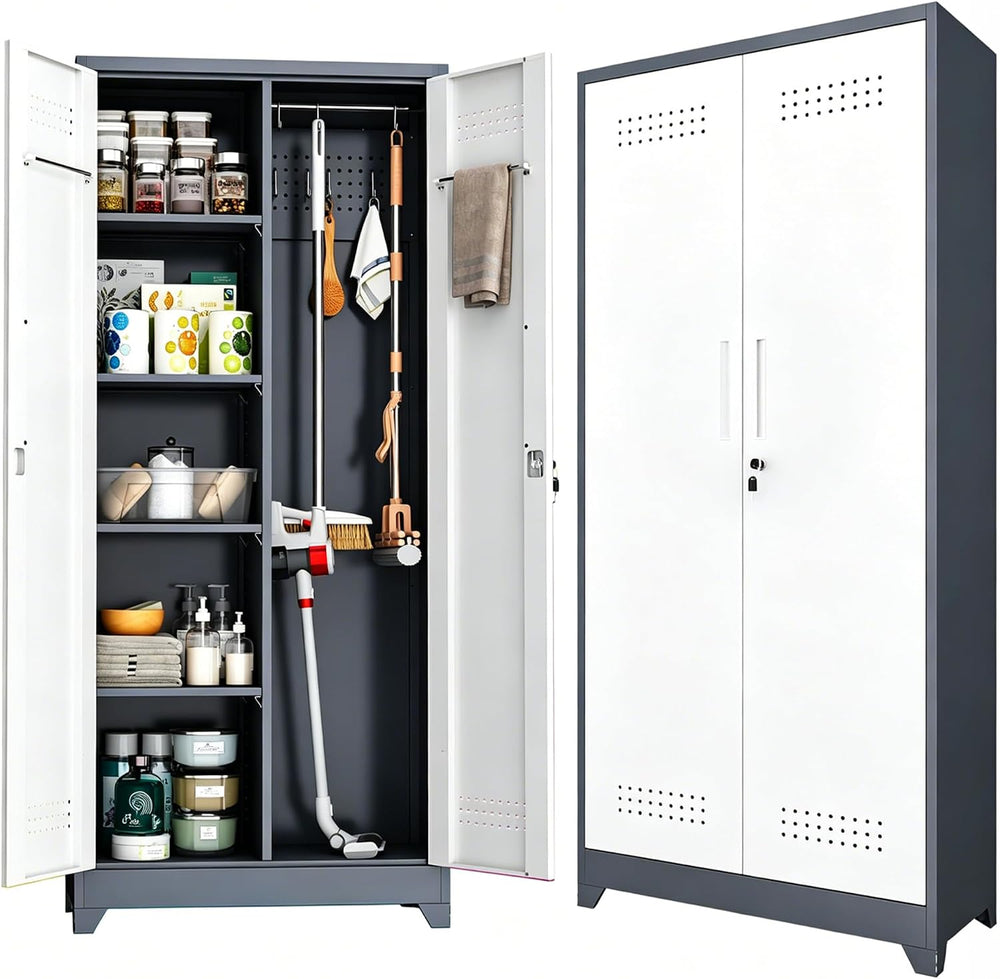 Broom Closet Storage Cabinet, 72" H Metal Garage Storage Cabinet with Lo...