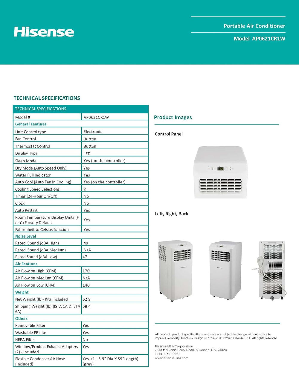 Hisense Portable Air Conditioner 6,000 BTU Cooling Dehumidifier Fan for Small...