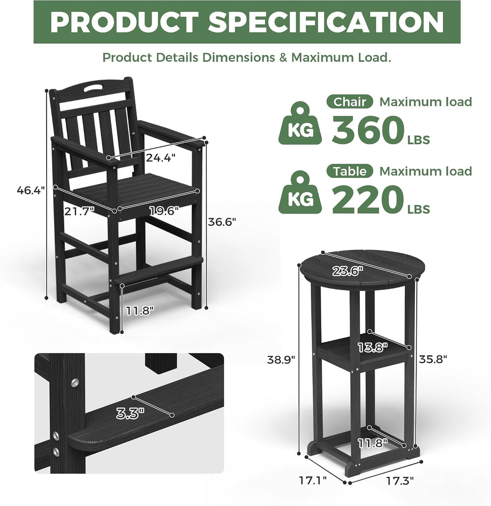 Outdoor Bistro Bar Set, Patio High Top Table and Bar Height Tall Adirondack C...