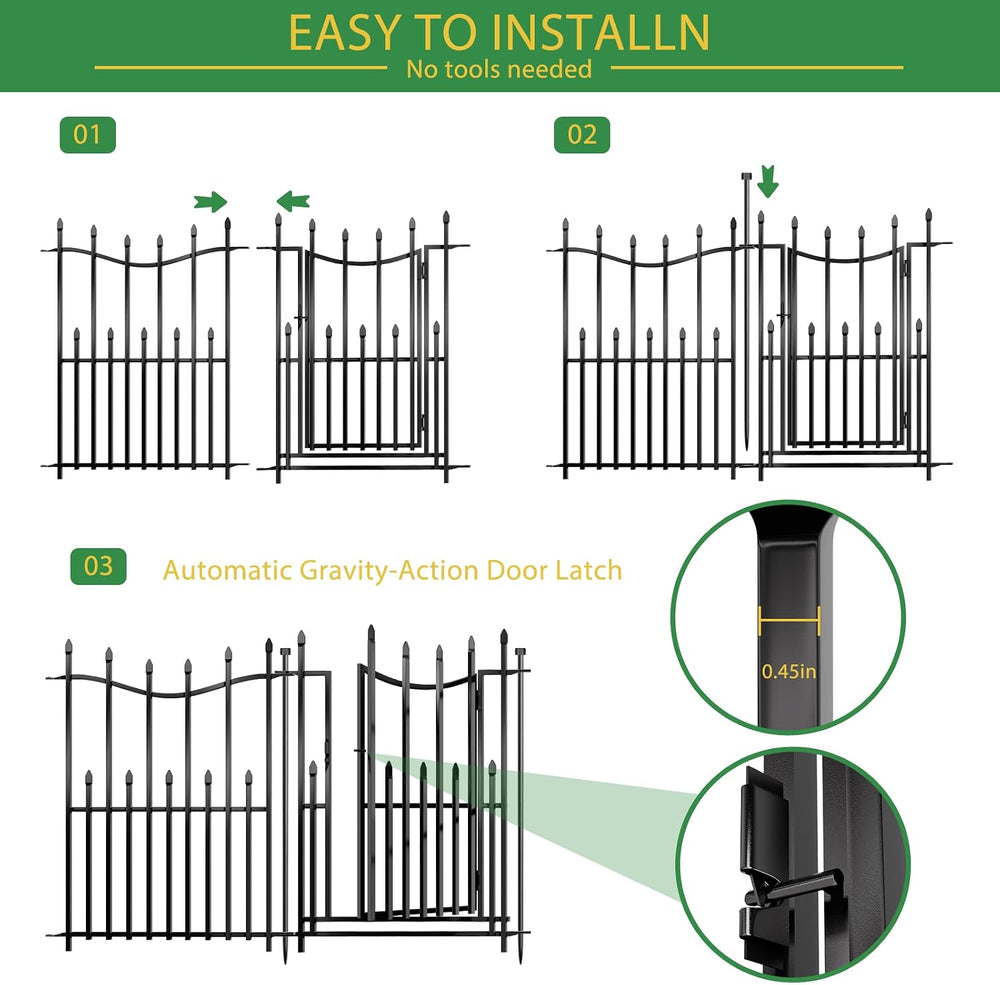 10 Panels No Dig Decorative Garden Fence with Gate, 32in(H) × 22ft(L) Heavy-D...