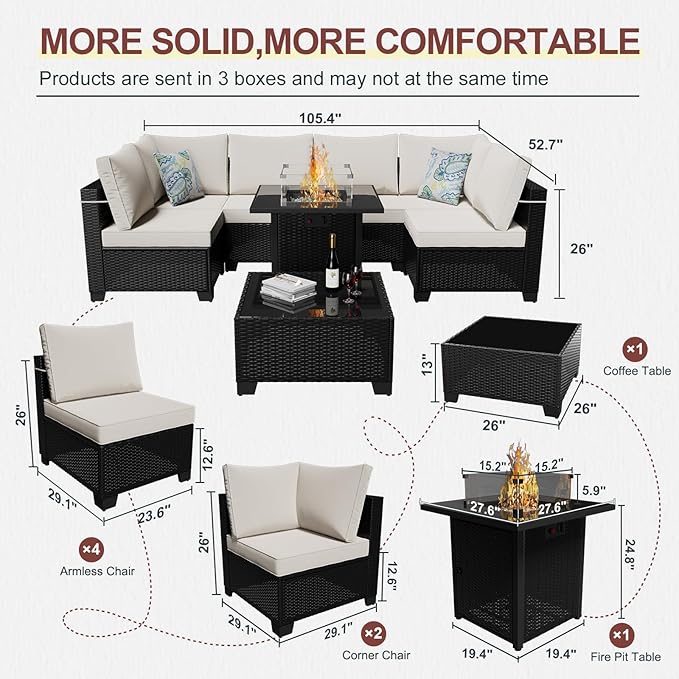 8 Pcs Patio Furniture Set with Fire Pit Table Wicker Outdoor Sectional Sofa, ...