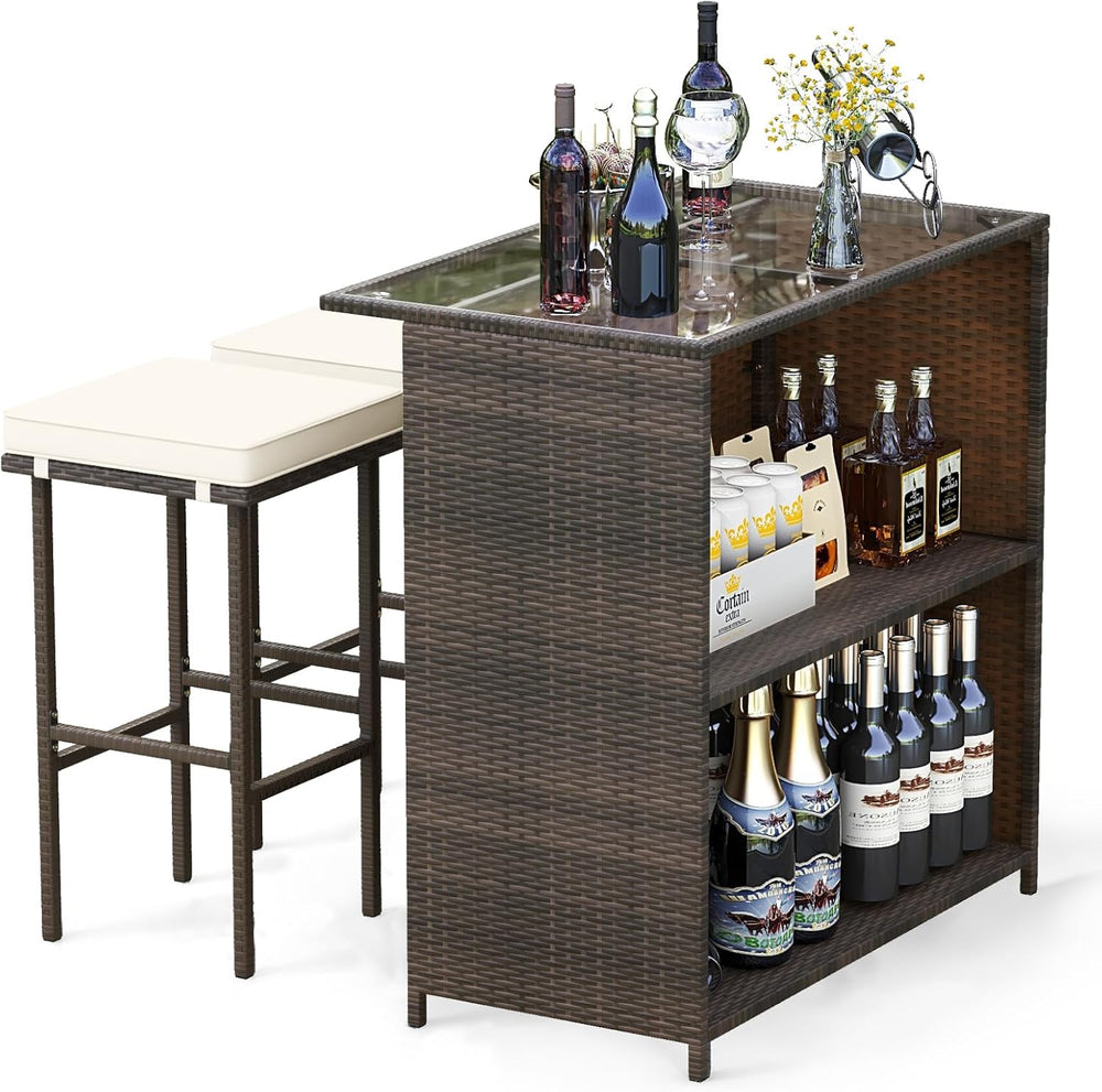 Tangkula Patio Bar Set, 3 Piece Outdoor Rattan Wicker Bar Set with 2 Cushions...