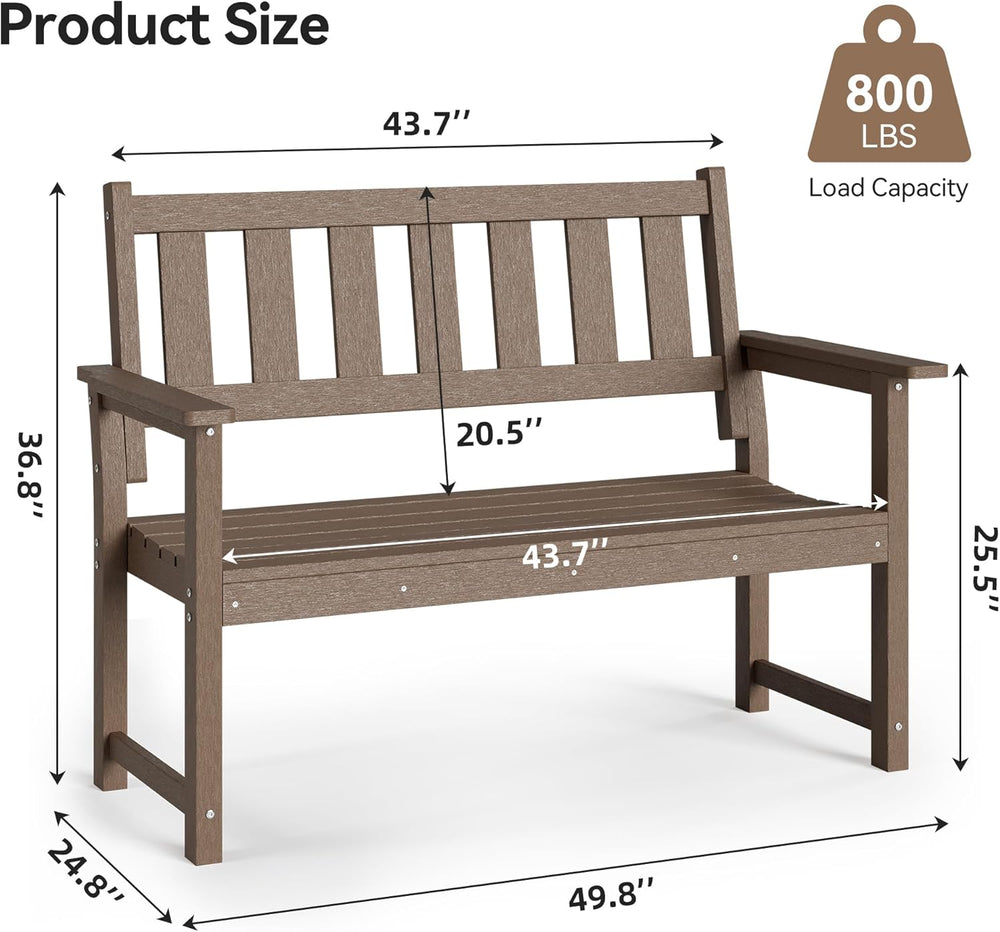 50" HDPE Outdoor Bench Weatherproof Patio Seating, Mocha Brown