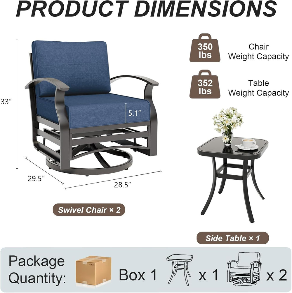 Gotland 3 Piece Patio Set, Metal Outdoor Swivel Chairs Set of 2 with 5.1’’ Hi...