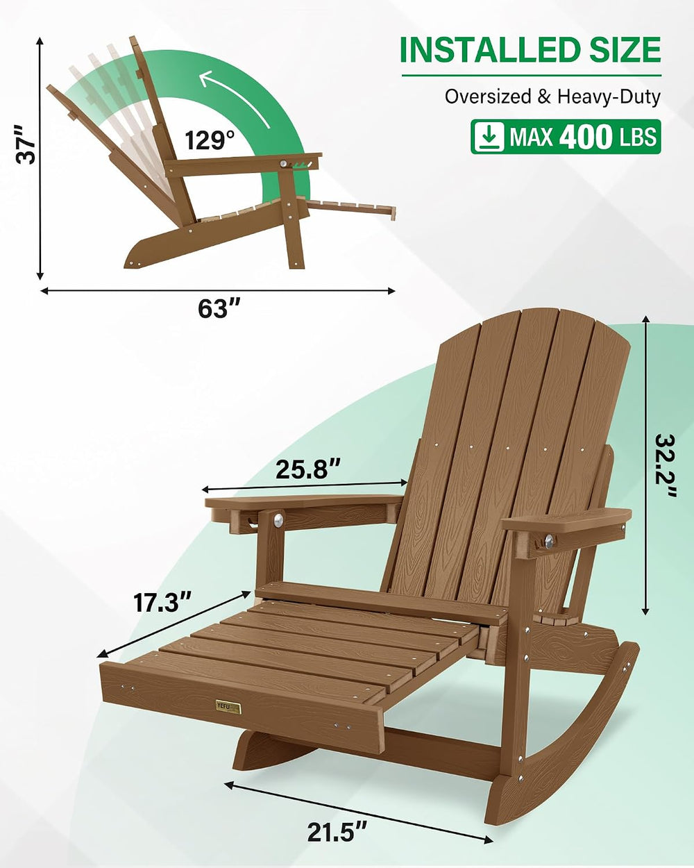 YEFU Adirondack Rocking Chairs Set of 2, with Footrest, 5-Level Adjustable