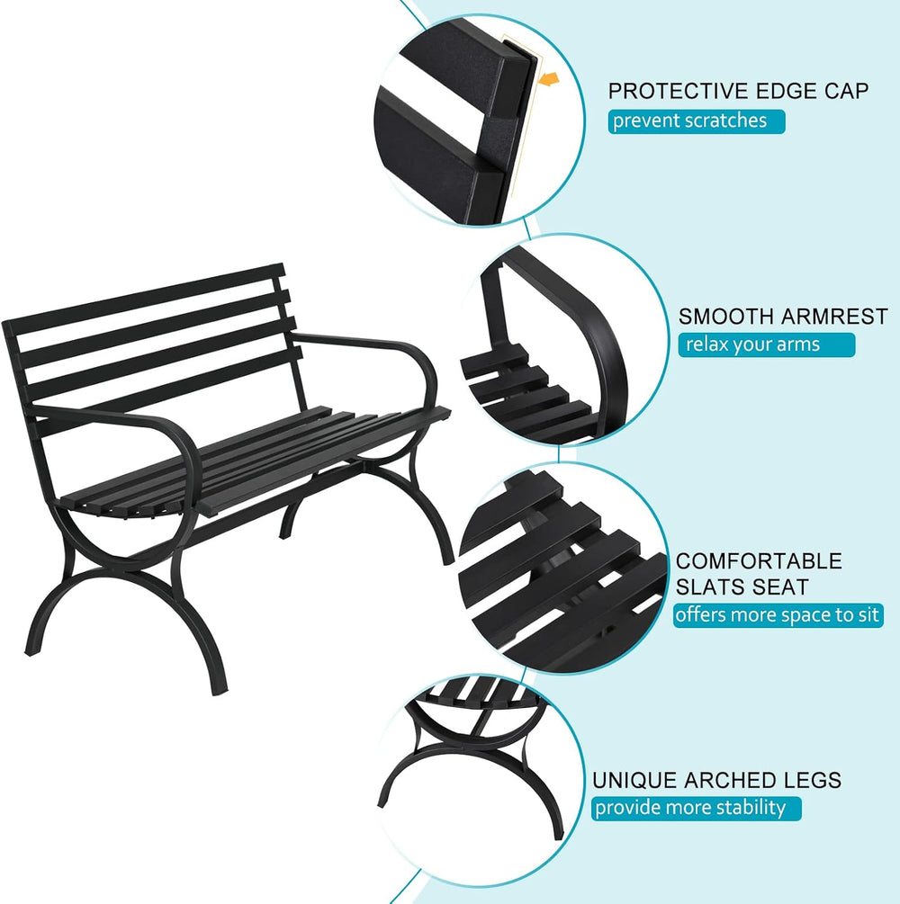 MFSTUDIO Outdoor Garden Patio Bench,Iron Metal Steel Frame Park Bench with Ba...