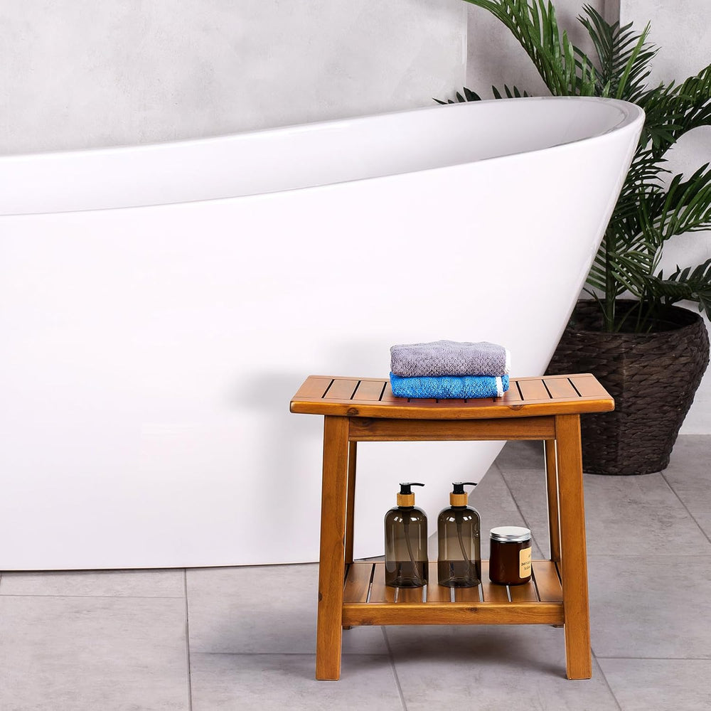 Upolana 20" Teak Shower Bench with Storage Shelf, Indoor & Outdoor Use