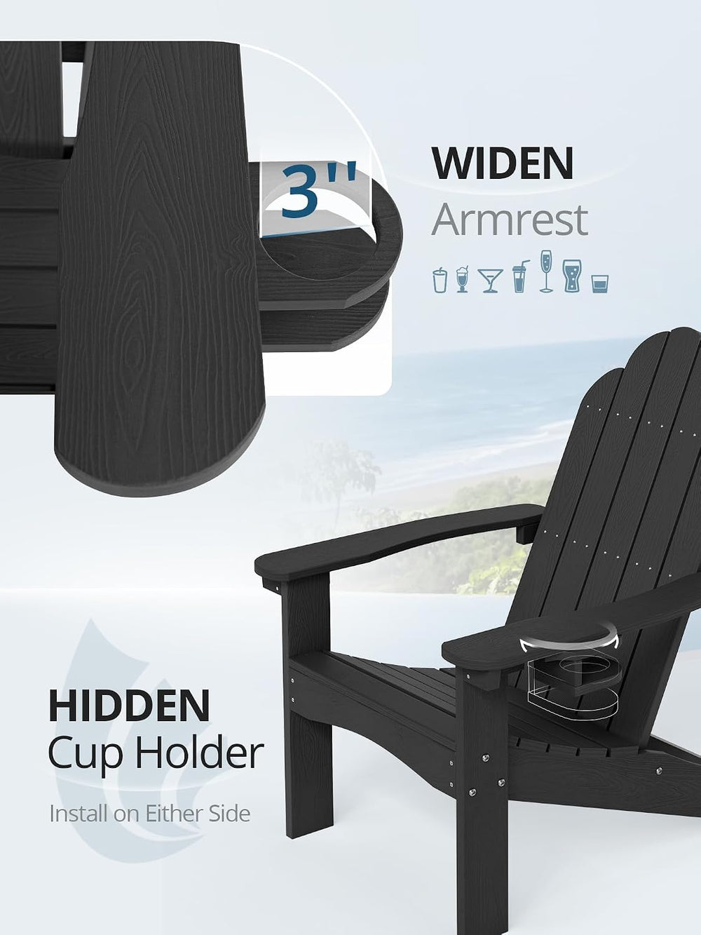 Set of 4 Adirondack Chairs with Hidden Cup Holders, High Back, Black