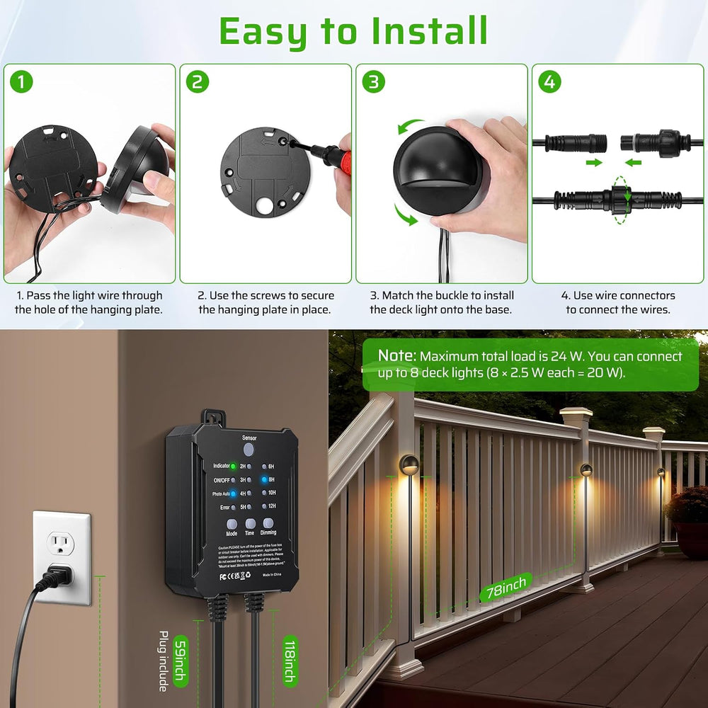 8 Pack Low Voltage LED Deck Lights Kit with Plug-in Transformer, Dusk-to-Dawn...