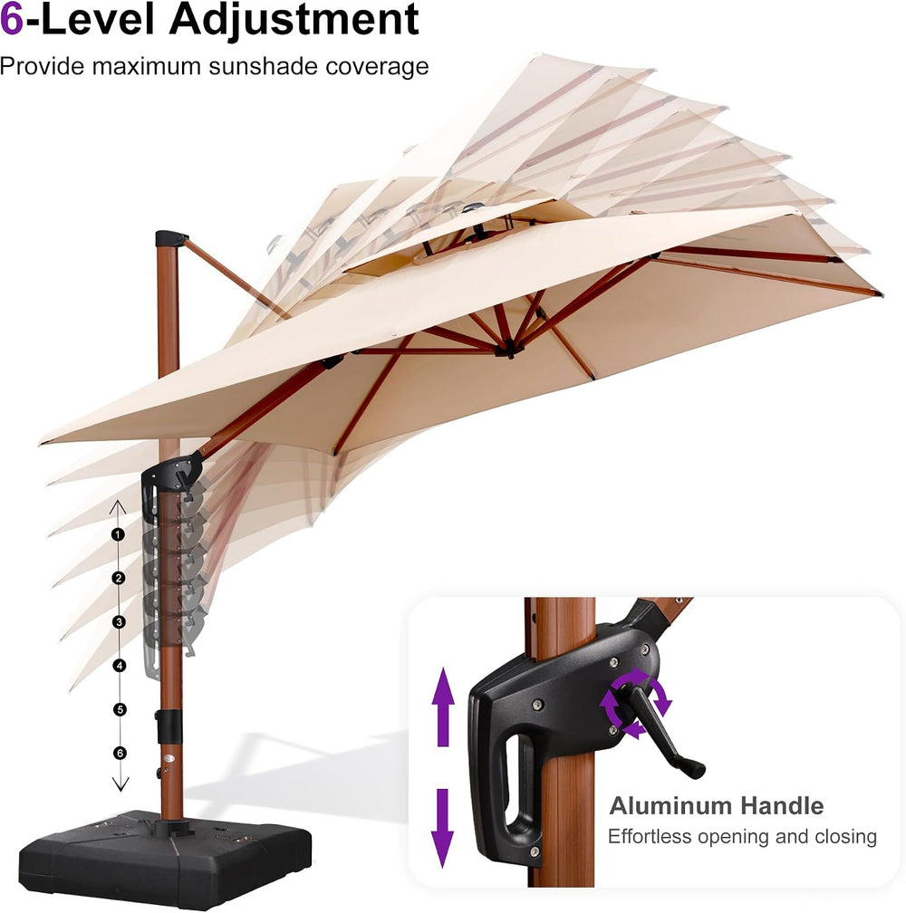 PURPLE LEAF Cantilever Umbrella with Base 9'X9' Wood-Grain Finish, Beige
