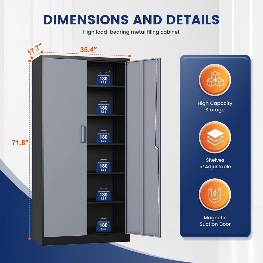 Metal Storage Cabinet with Locking Doors and 5 Adjustable Shelves, 72" G...