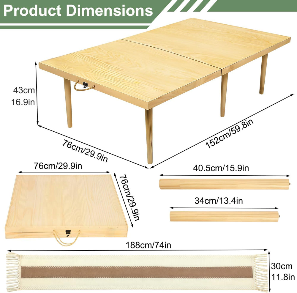 Portable Wooden Picnic Table, 60" x 30" Large Boho Low Floor Table
