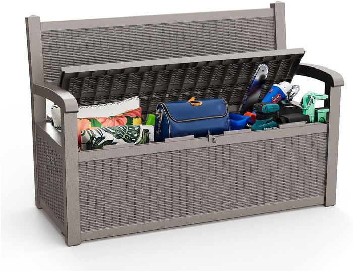 PatioZen 80 Gallon Outdoor Storage Bench Deck Box Waterproof Lockable,Outdoor Storage Furniture for Patio,Garden and Porch,Tools and Cushions( Grey)