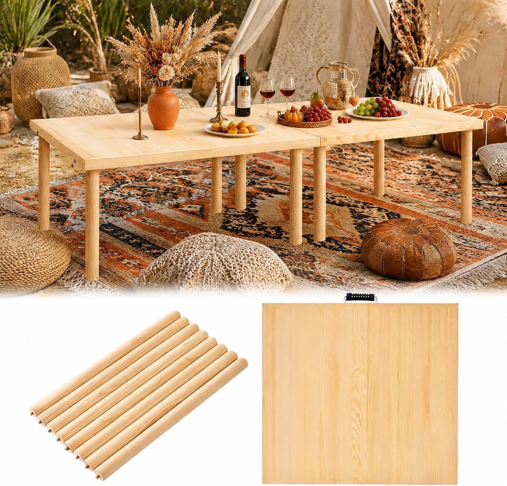 60” x 30” Boho Low Picnic Table, Foldable Solid Wood Picnic Table