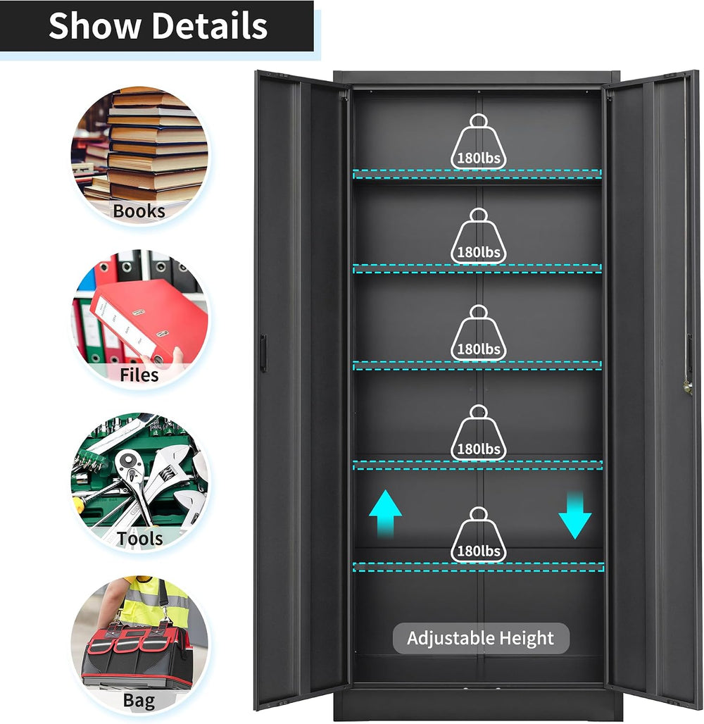 Metal Storage Cabinet, 71”H Metal Garage Cabinet with 5 Adjustable Shelves, L...
