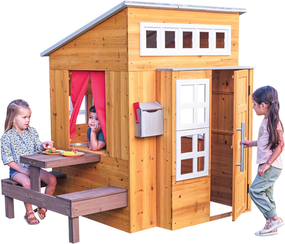 KidKraft Modern Outdoor Wooden Playhouse with Picnic Table, Mailbox and Outdo...