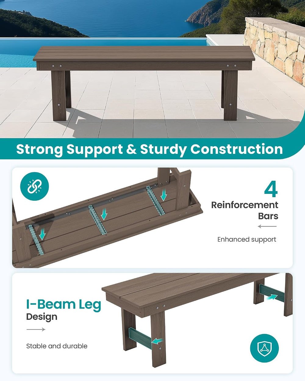 SERWALL 2-Person Backless Outdoor Bench 56 Inches, Coffee, 2 Pack