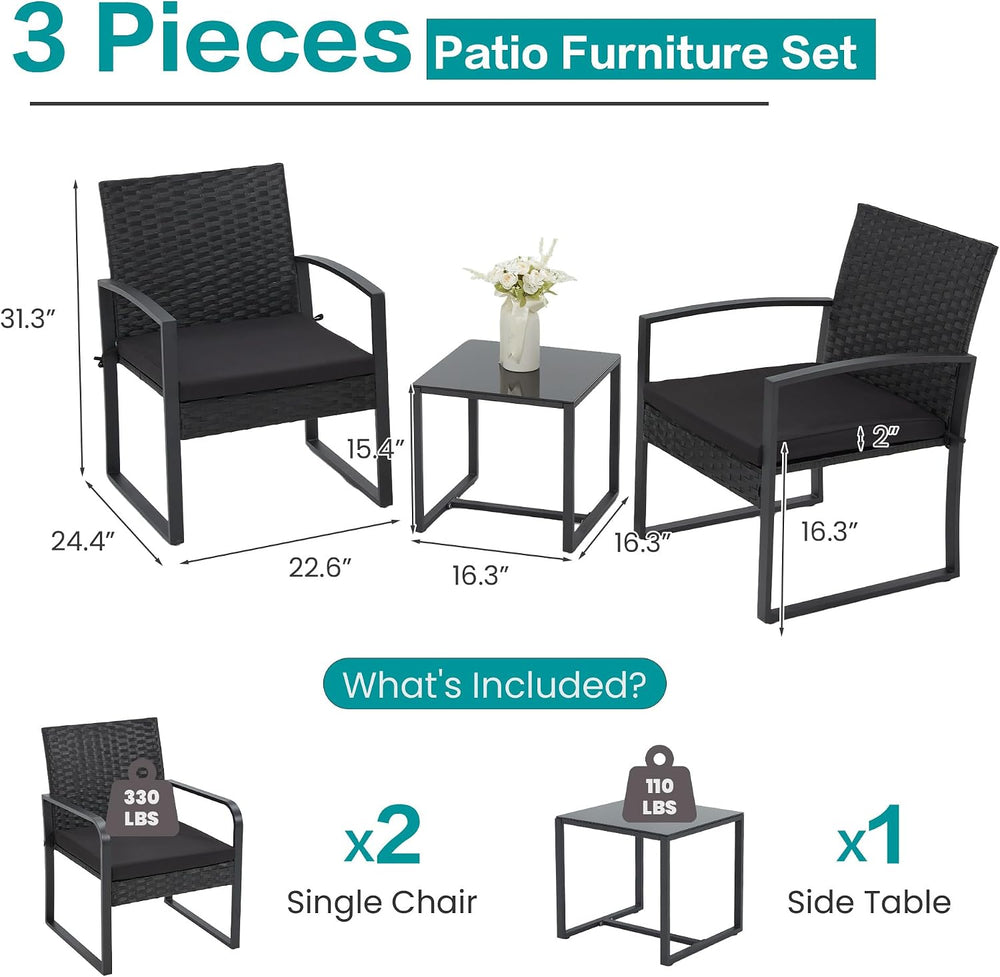 Bezseller 3-Piece Patio Furniture Set, Wicker Bistro Set, Black