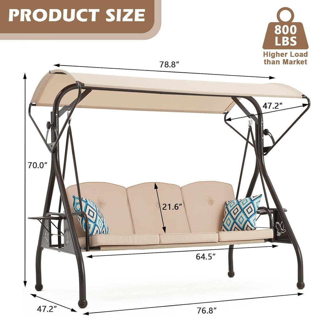 ZZW 800LBS Patio Swing with Canopy 3 Seat Outdoor Porch Swing with Stand w/Cu...