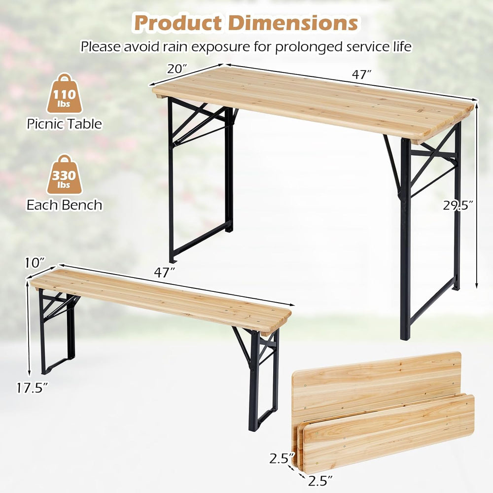 COSTWAY Folding Picnic Table, Foldable Fir Wood Picnic Table with Benches