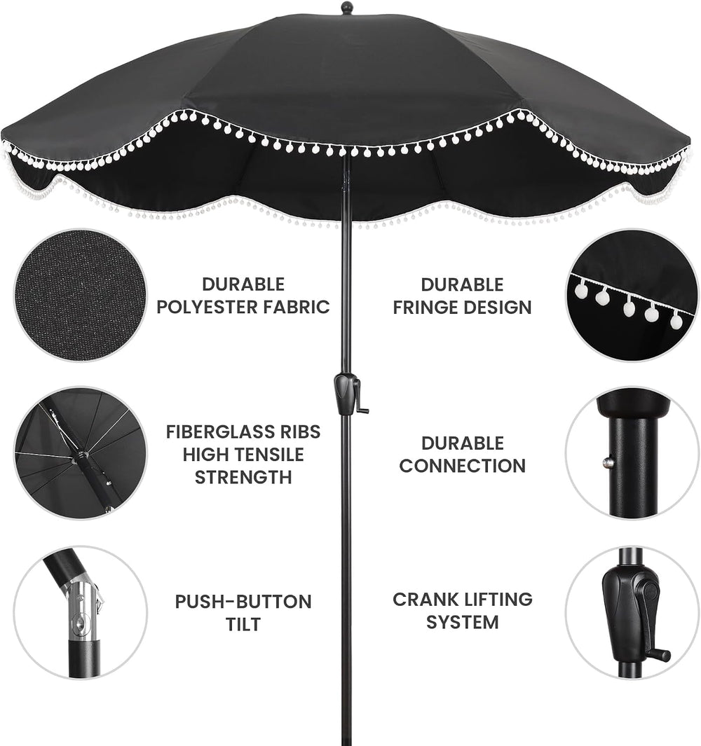 9' Patio Umbrella with Black Canopy and White Fringe Accents, Black Frame...